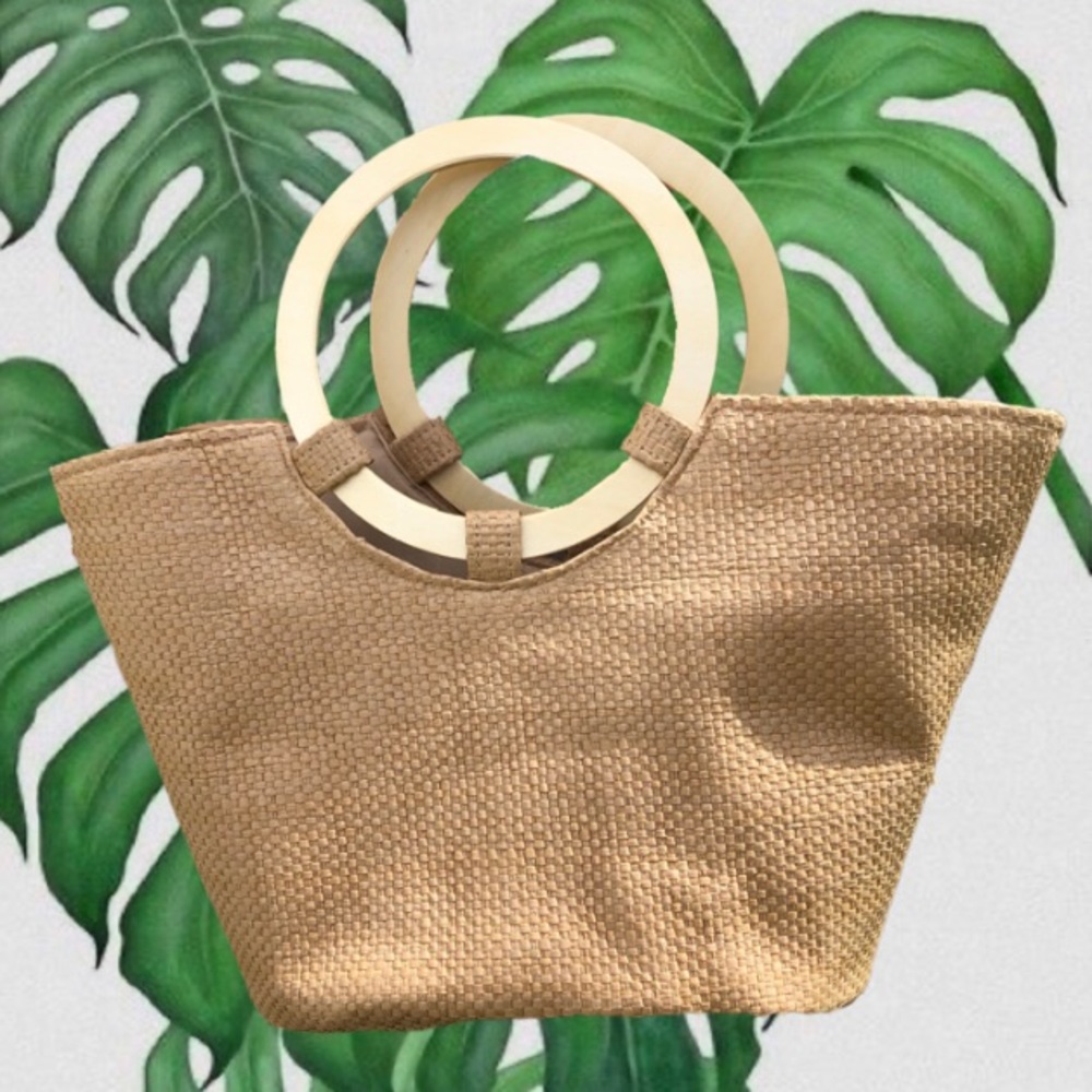Boho Straw Wooden Circle Handle Summer Beach Tote